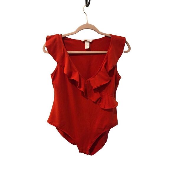 H&M L Ruffled Stretchy Halter V Neck Ruffled Orange Bodysuit - Picture 1 of 10